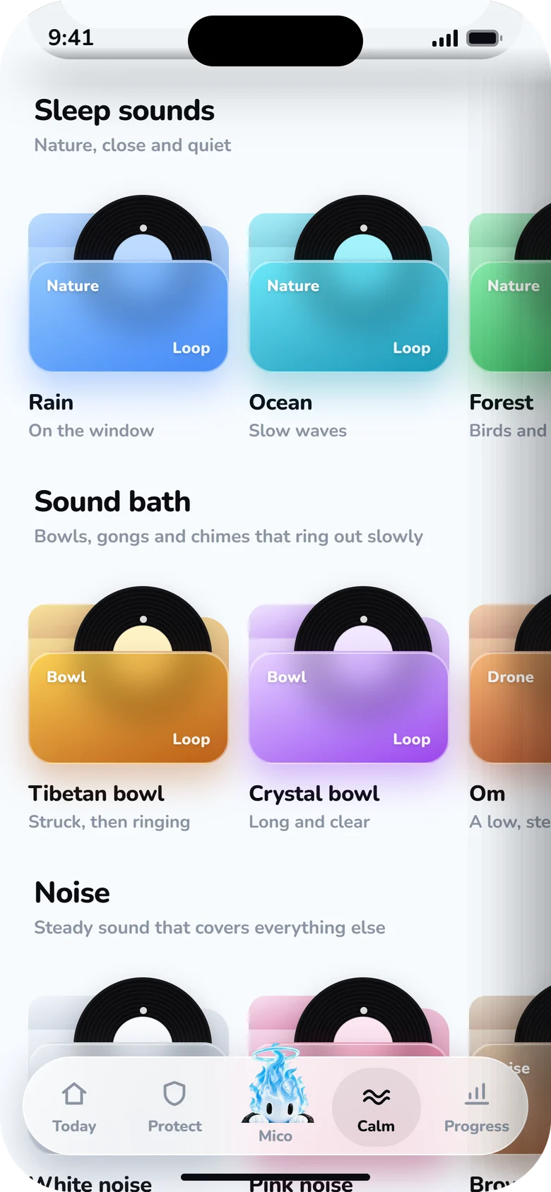 Flamico’s sound library: sleep sounds such as rain, ocean and forest, a sound bath of bowls, and noise.