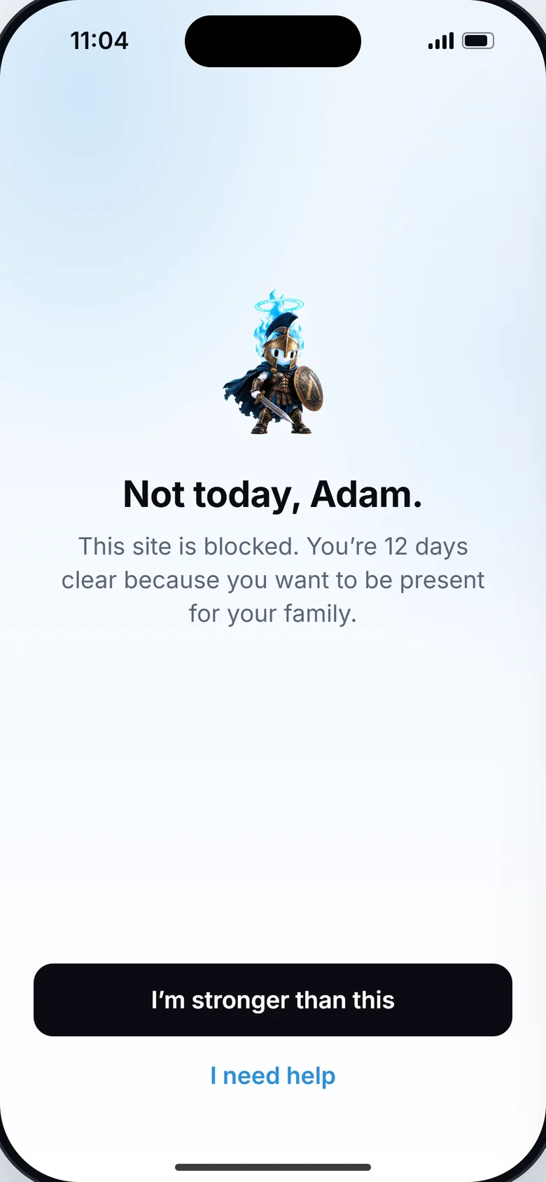 Flamico's shield over a blocked site: “Not today, Adam. This site is blocked. You’re 12 days clear because you want to be present for your family.”