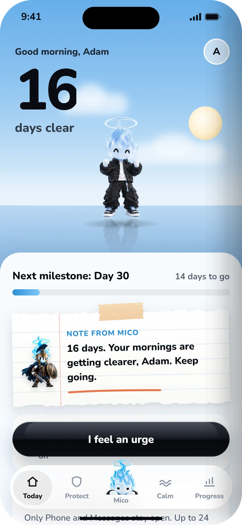 Flamico's Today screen: 16 days clear, Mico on the horizon.